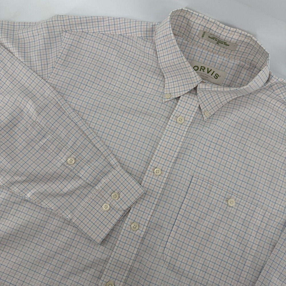 Orvis Button Down Shirt Mens XL White Blue Orange Tattersall Check Cotton L/S